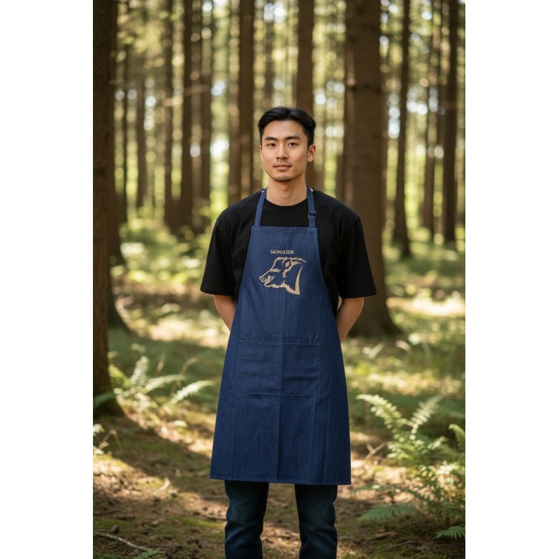 Tablier jean motif sanglier brodé