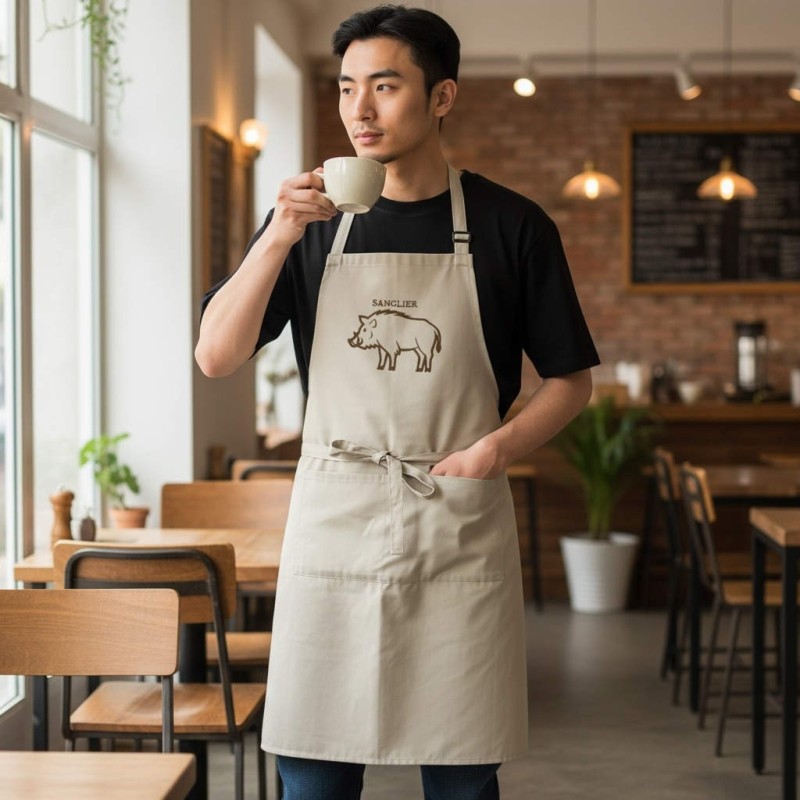 Tablier de cuisine beige avec motif sanglier